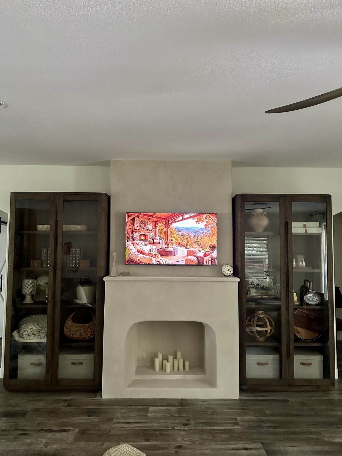 Living room fireplace with limewash finish